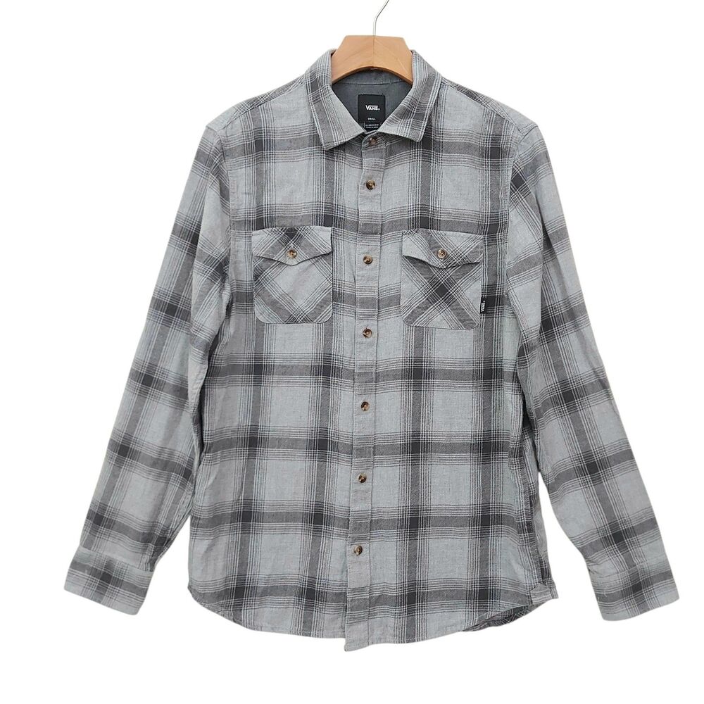 Vans  Flannel Shirt Mens Small Gray Plaid Cotton Long Sleeve Skater Casual